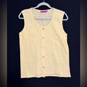 Linen Butter Yellow Sleeveless Button-Down Top Engraved Shell Buttons